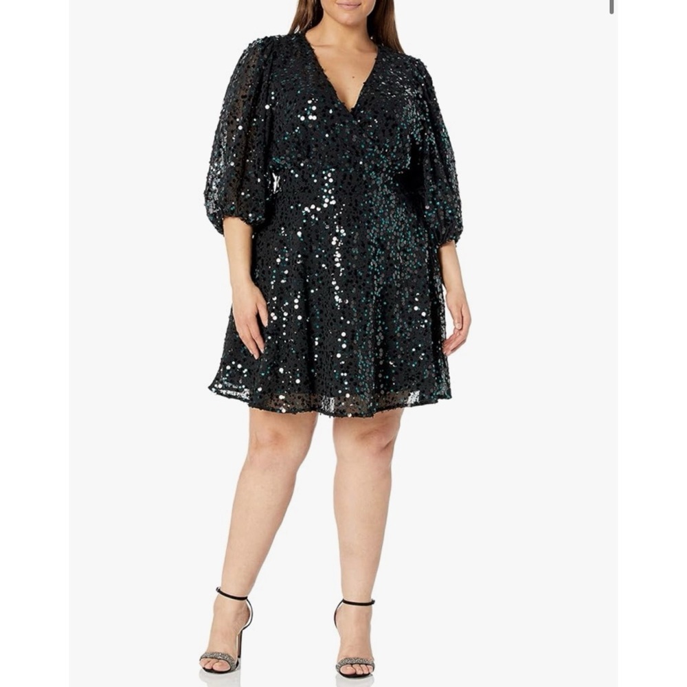 City Chic Black Green Sequin Dress NYE Sparkle‎ Beaded Lingerie Sleeve Vneck 24